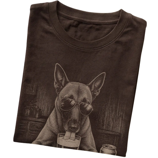 Dark Chocolate Belgian Malinois drinking from a pint at a bar, folded detail view