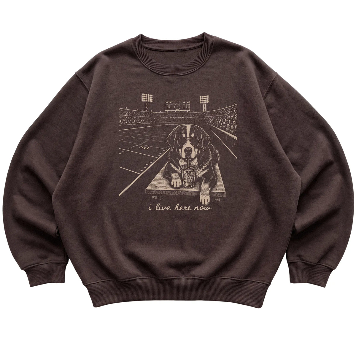 Dark Chocolate Bernese Mountain Dog Football Tailgate sweatshirt, laid flat
