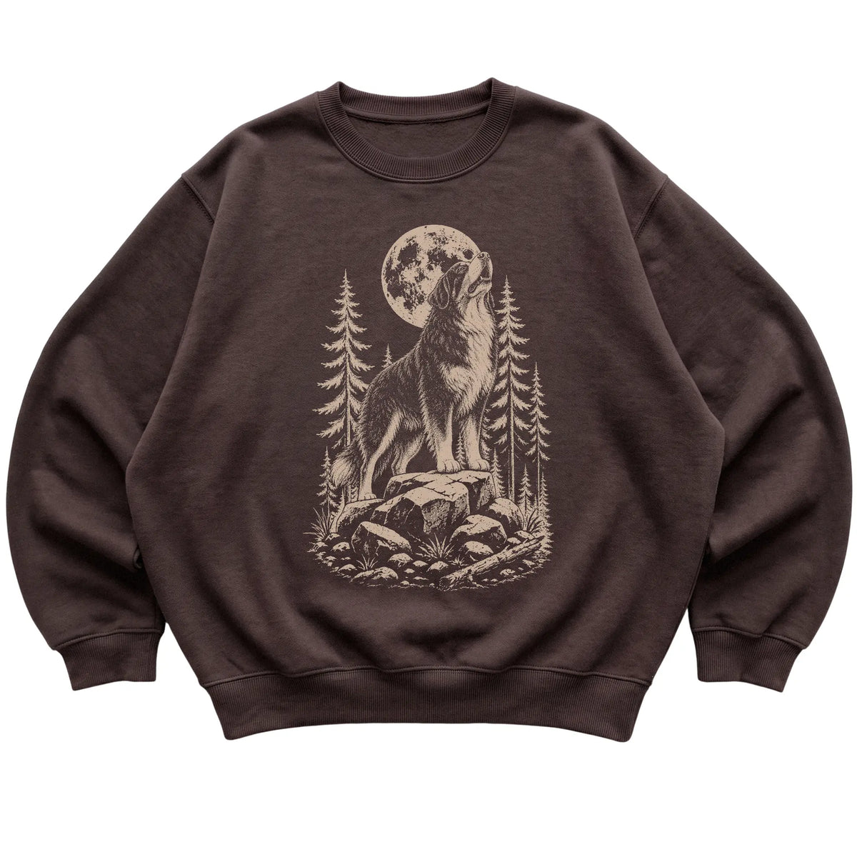 Close view of Bernese Mountain Dog Howling at the Moon artwork on Dark Chocolate crewneck sweatshirt