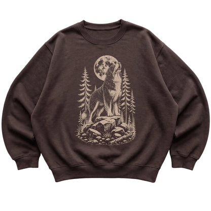 Close view of Bernese Mountain Dog Howling at the Moon artwork on Dark Chocolate crewneck sweatshirt