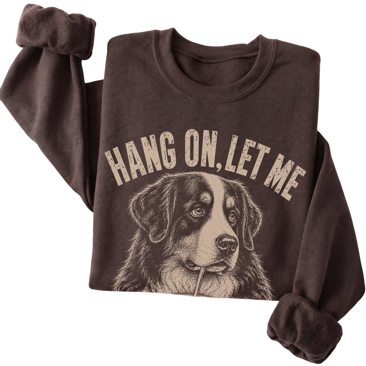 Dark Chocolate crewneck sweatshirt featuring Overthinking Bernese Mountain Dog, folded presentation