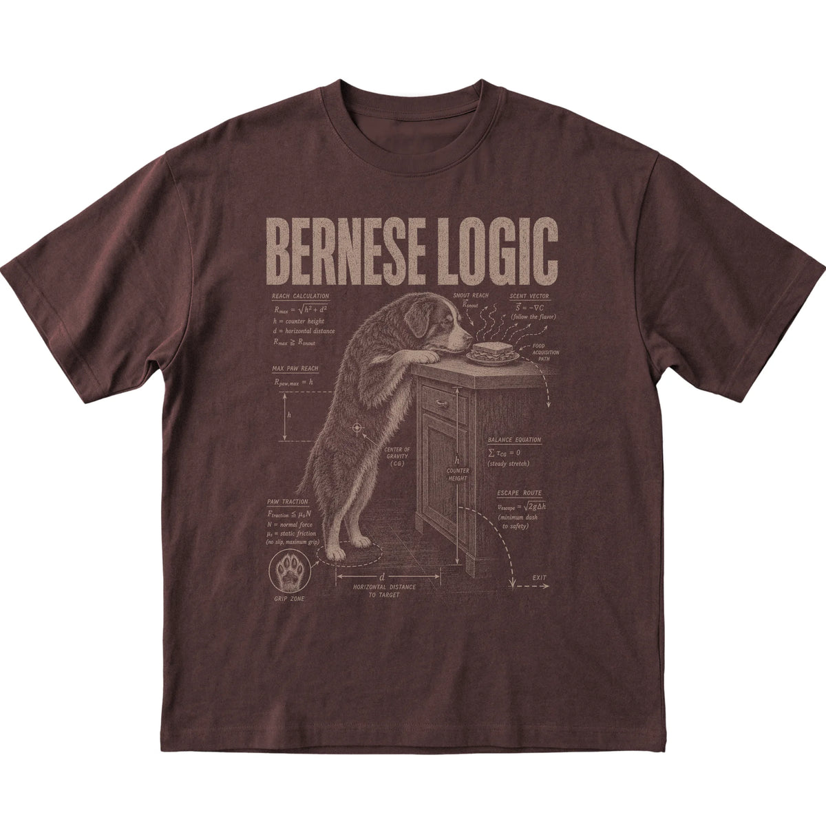 Dark Chocolate Bernese Mountain Dog Logic T-Shirt laid flat
