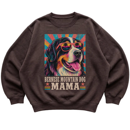 Retro Bernese Mountain Dog Mama design on a Dark Chocolate crewneck sweatshirt