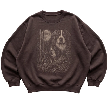 Bernese Mountain Dog Moonlit Forest graphic on a dark chocolate crewneck sweatshirt laid flat
