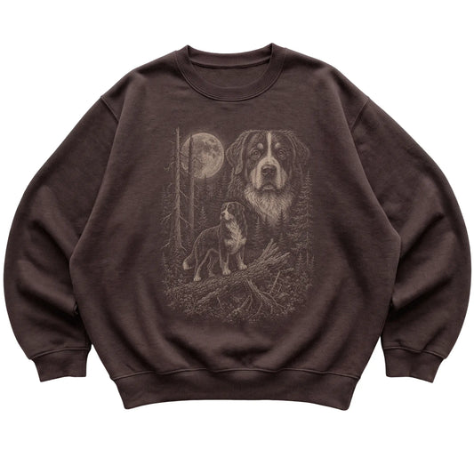 Bernese Mountain Dog Moonlit Forest graphic on a dark chocolate crewneck sweatshirt laid flat