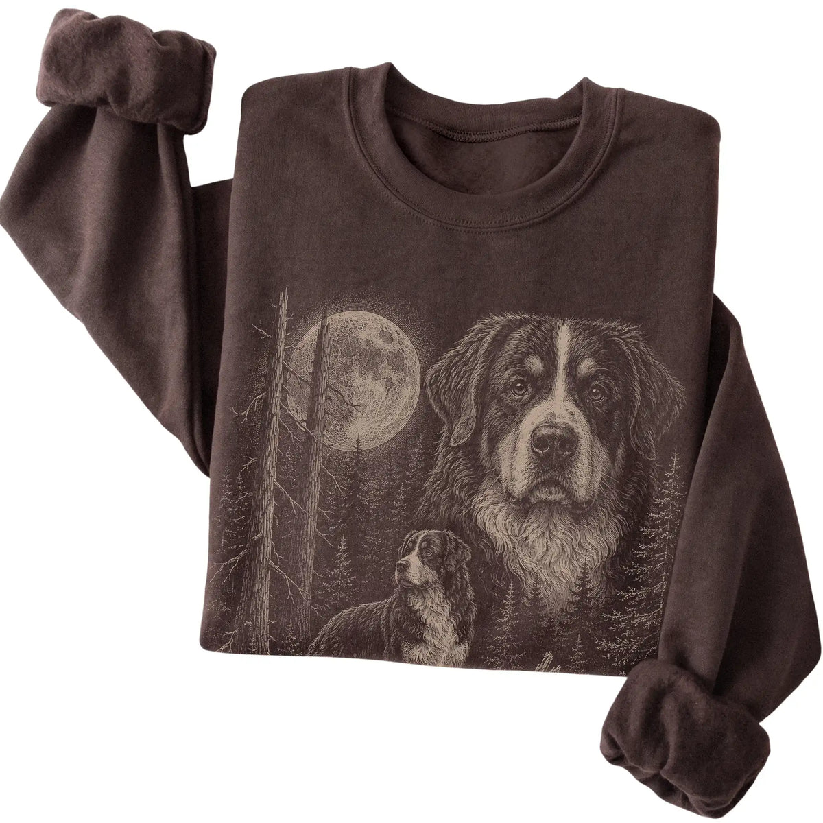 Folded dark chocolate crewneck sweatshirt showing the Bernese Mountain Dog Moonlit Forest graphic