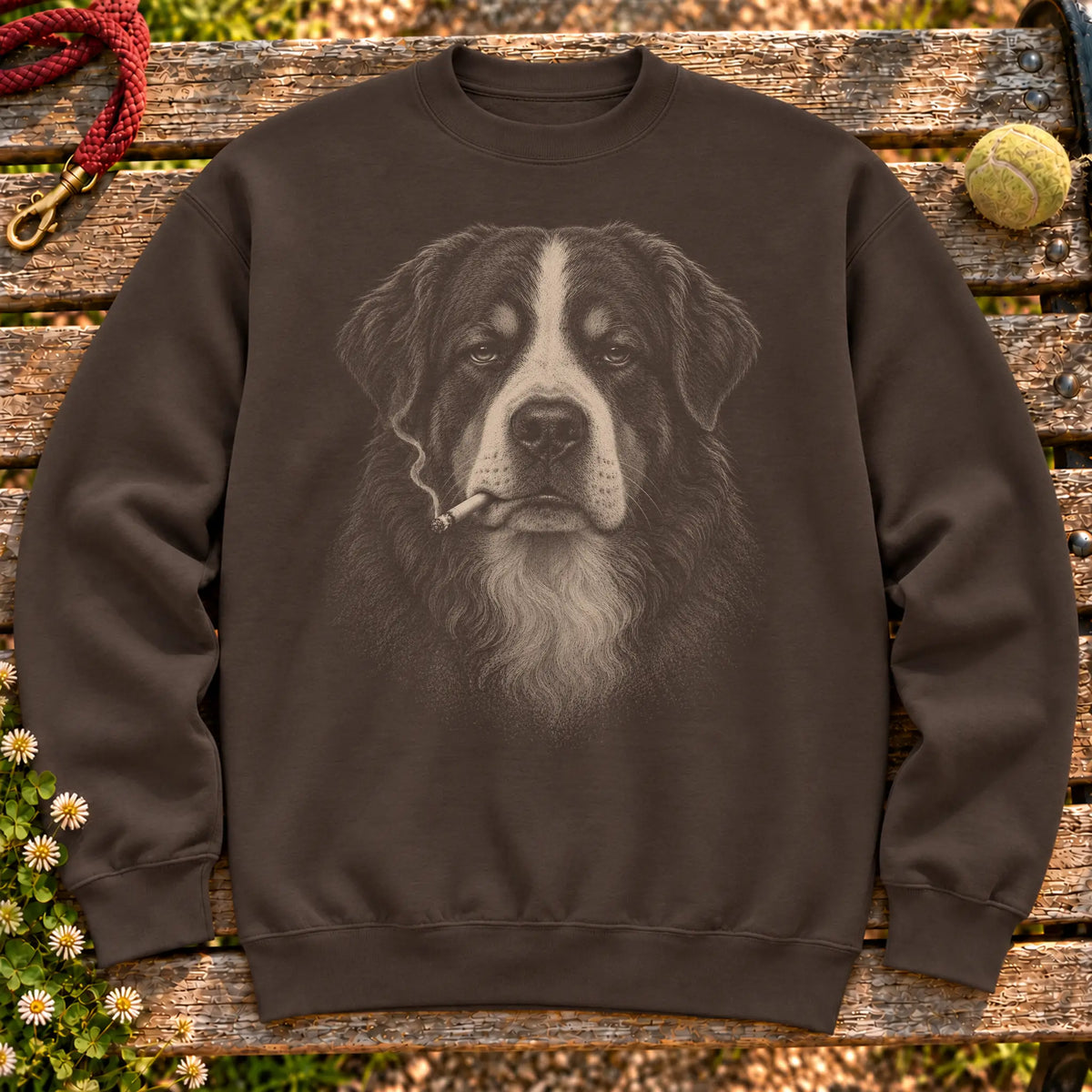 Bernese Mountain Dog smoking design on a Dark Chocolate sweatshirt