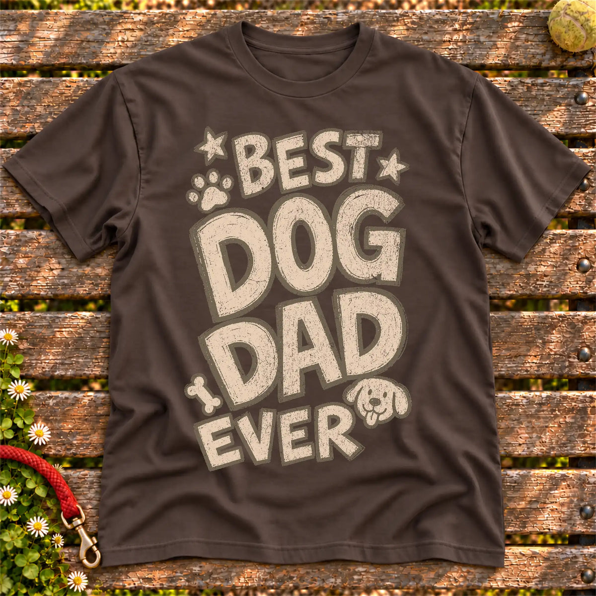 Best Dog Dad Ever on a Dark Chocolate T-shirt, shown flat