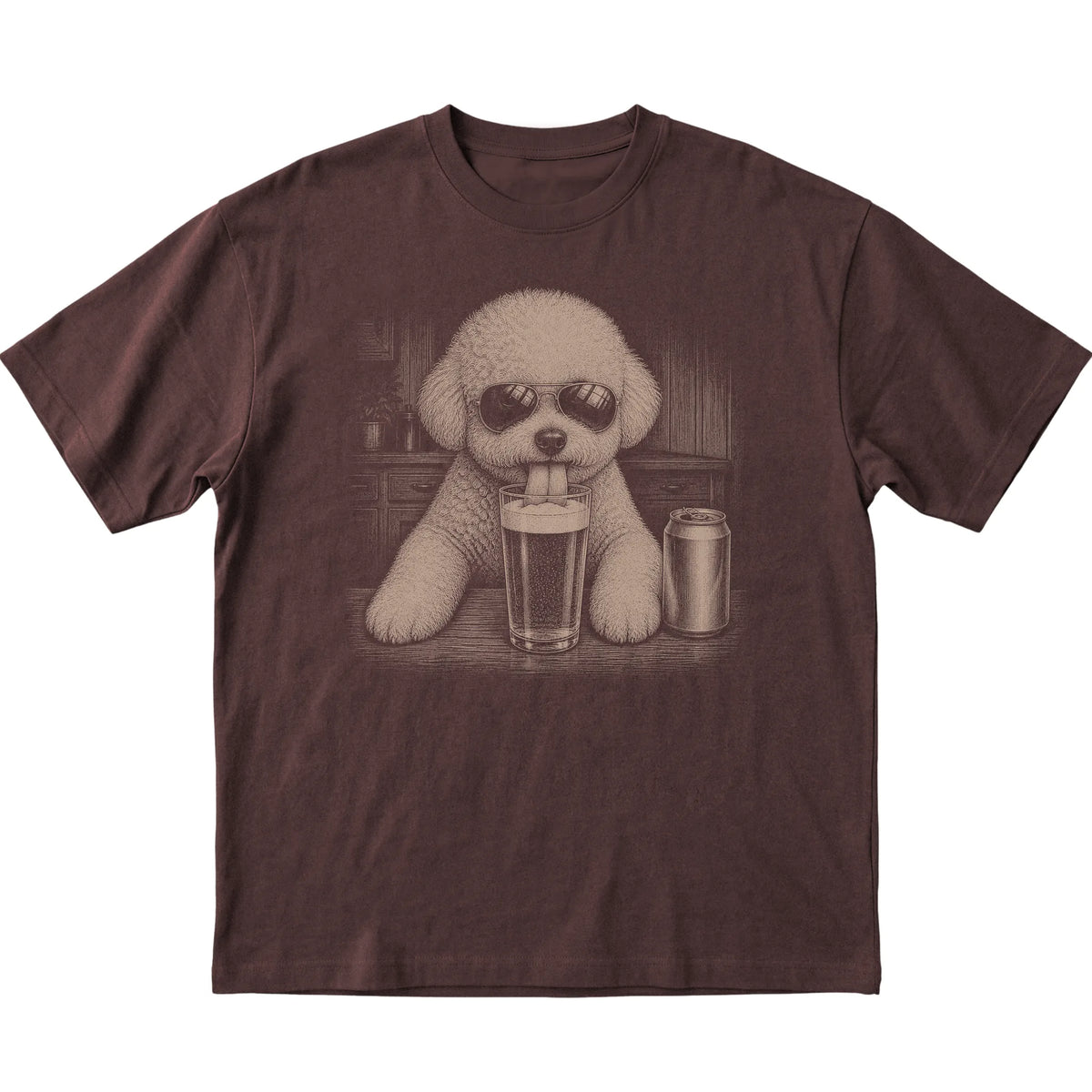 Dark Chocolate Bichon Frise drinking from a pint at a bar, laid flat