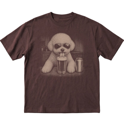 Dark Chocolate Bichon Frise drinking from a pint at a bar, laid flat