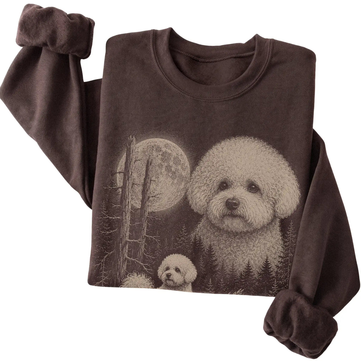 Folded dark chocolate crewneck sweatshirt showing the Bichon Frise Moonlit Forest graphic