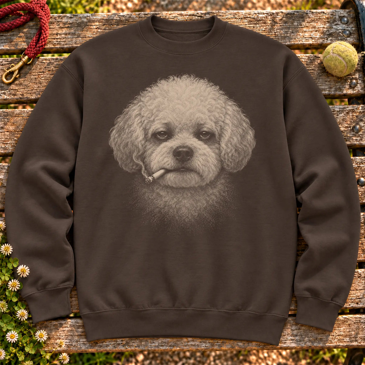 Bichon Frise smoking design on a Dark Chocolate sweatshirt