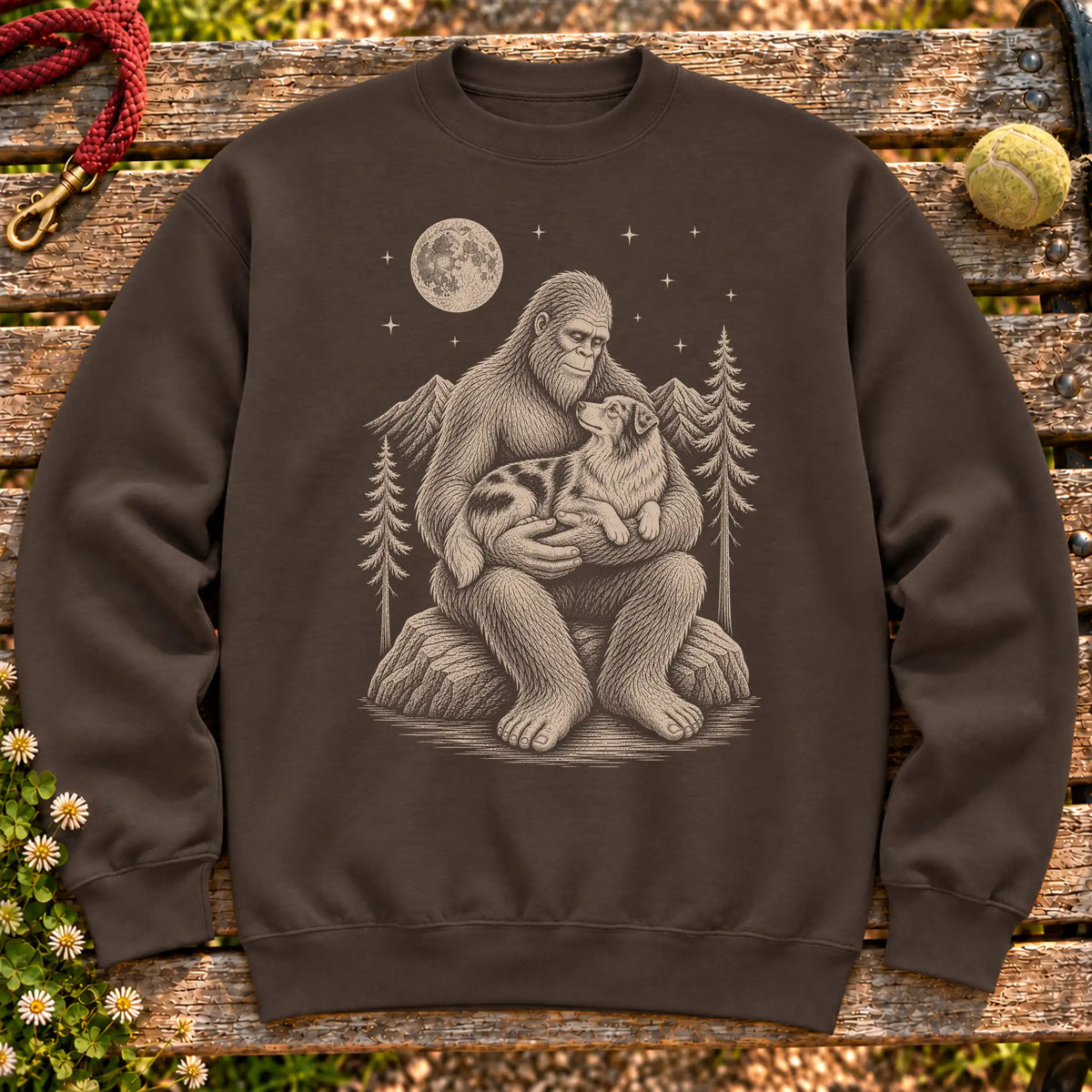 Australian Shepherd Bigfoot Holding on a Dark Chocolate crewneck sweatshirt, shown flat
