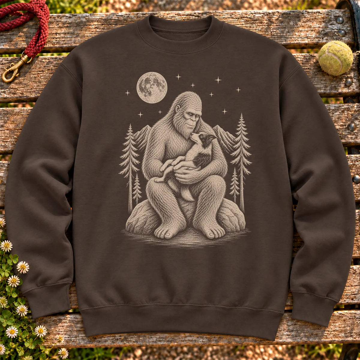 Border Collie Bigfoot Holding on a Dark Chocolate crewneck sweatshirt, shown flat