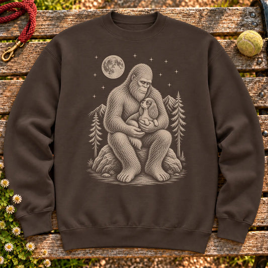 Cavalier King Charles Spaniel Bigfoot Holding on a Dark Chocolate crewneck sweatshirt, shown flat