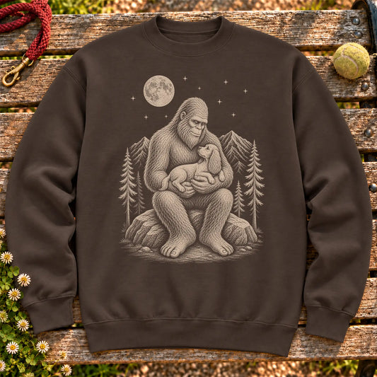 Cocker Spaniel Bigfoot Holding on a Dark Chocolate crewneck sweatshirt, shown flat