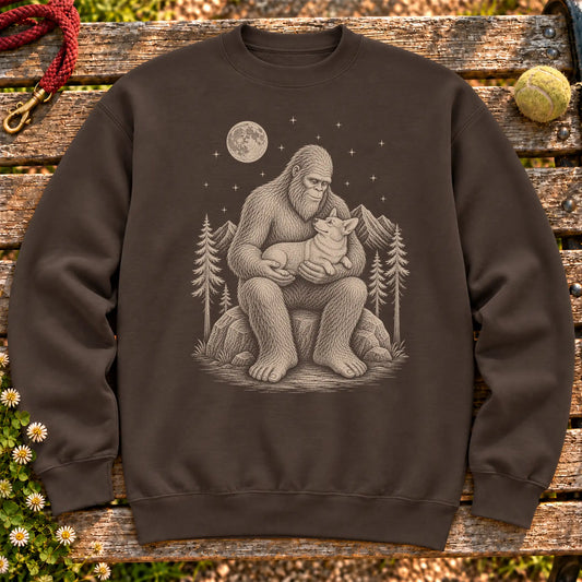 Corgi Bigfoot Holding on a Dark Chocolate crewneck sweatshirt, shown flat