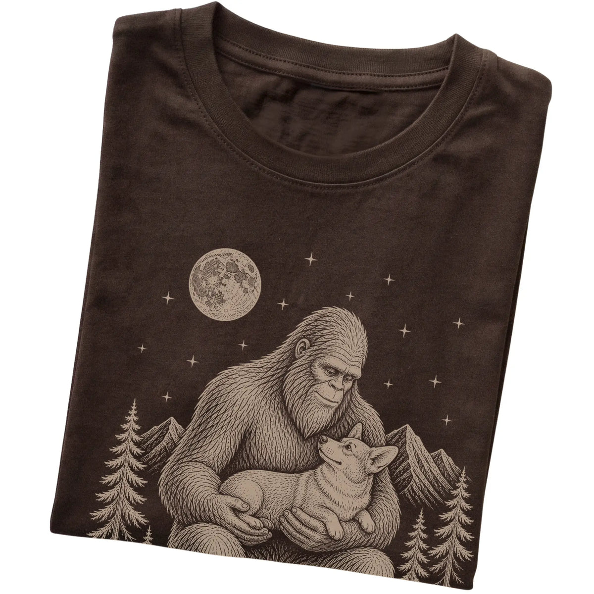 Folded Bigfoot and Corgi T-Shirt in Dark Chocolate