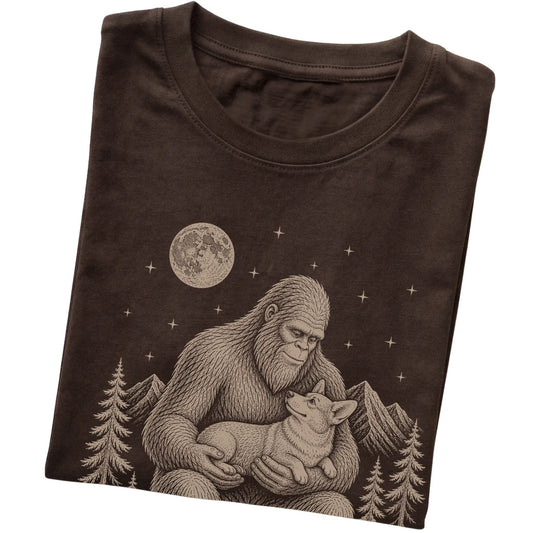 Folded Bigfoot and Corgi T-Shirt in Dark Chocolate
