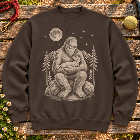Dachshund Bigfoot Holding on a Dark Chocolate crewneck sweatshirt, shown flat