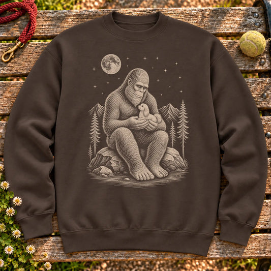 Maltese Bigfoot Holding on a Dark Chocolate crewneck sweatshirt, shown flat
