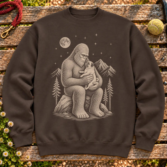 Pug Bigfoot Holding on a Dark Chocolate crewneck sweatshirt, shown flat