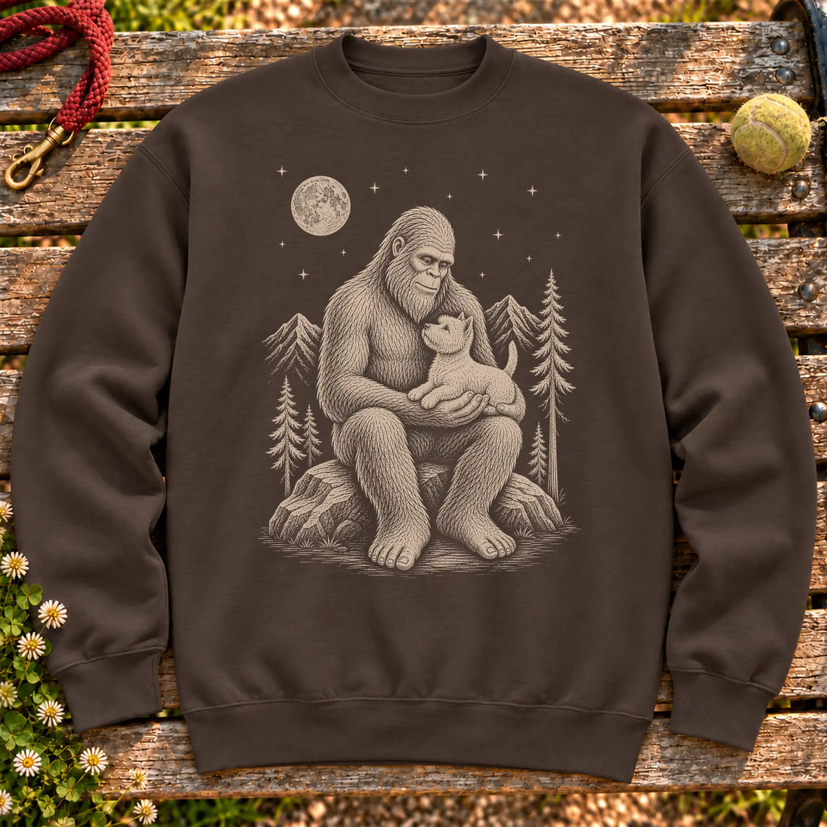 Westie Bigfoot Holding on a Dark Chocolate crewneck sweatshirt, shown flat