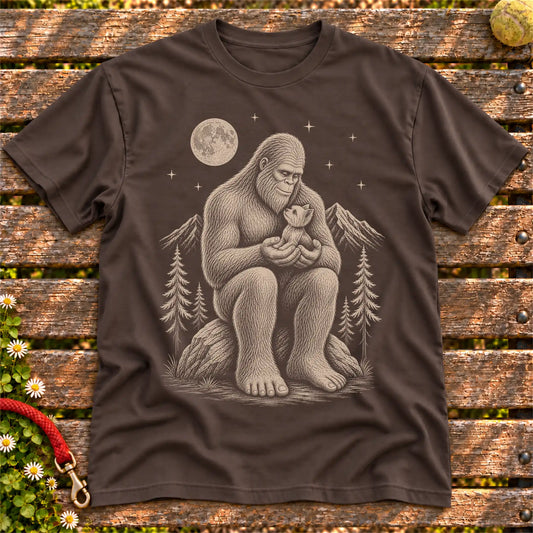 Yorkie Bigfoot Holding on a Dark Chocolate T-shirt, shown flat