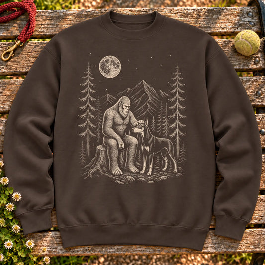 Doberman Bigfoot Petting on a Dark Chocolate crewneck sweatshirt, shown flat