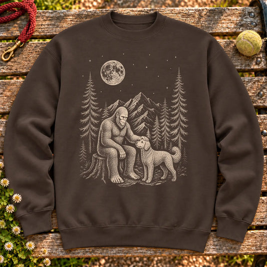 Goldendoodle Bigfoot Petting on a Dark Chocolate crewneck sweatshirt, shown flat