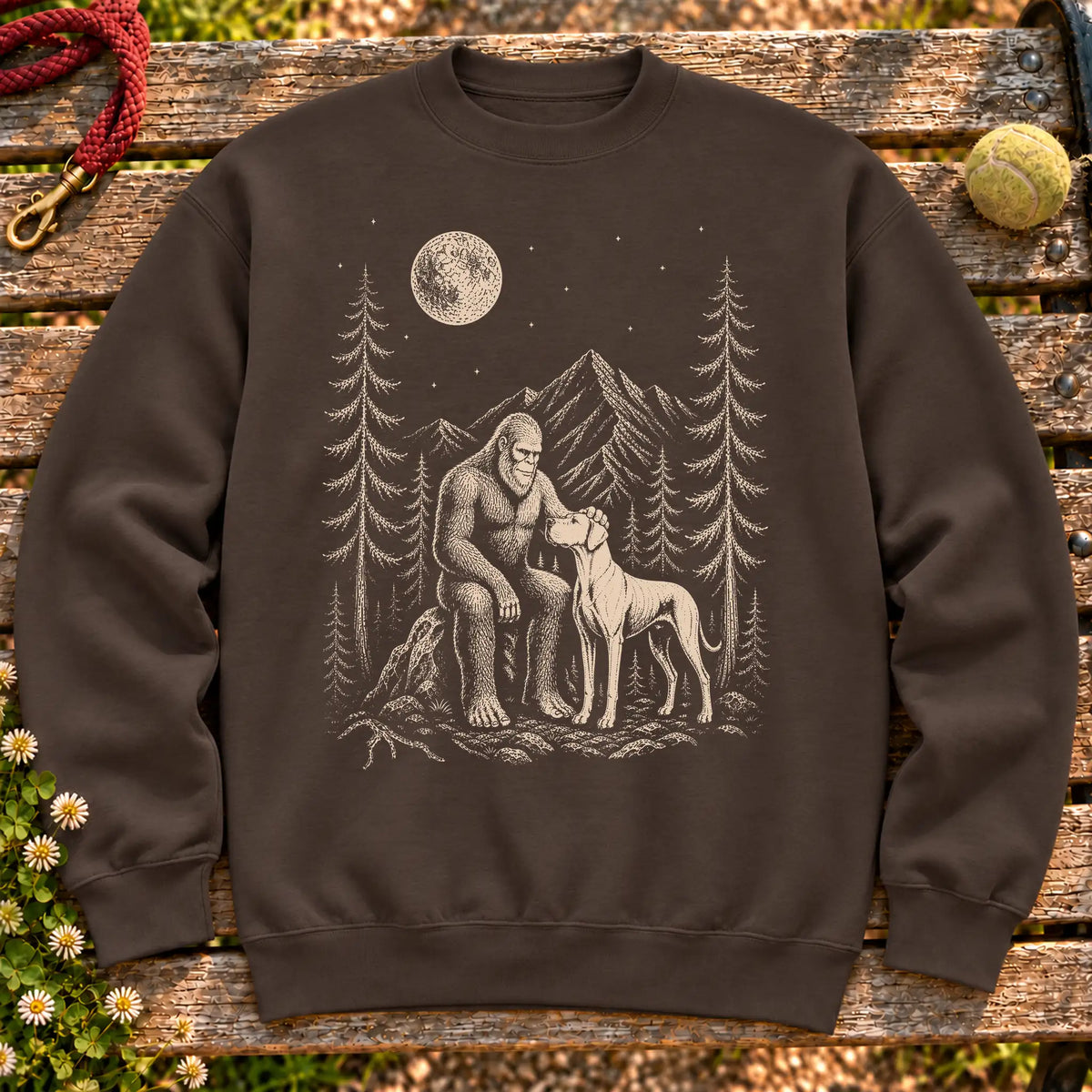 Great Dane Bigfoot Petting on a Dark Chocolate crewneck sweatshirt, shown flat