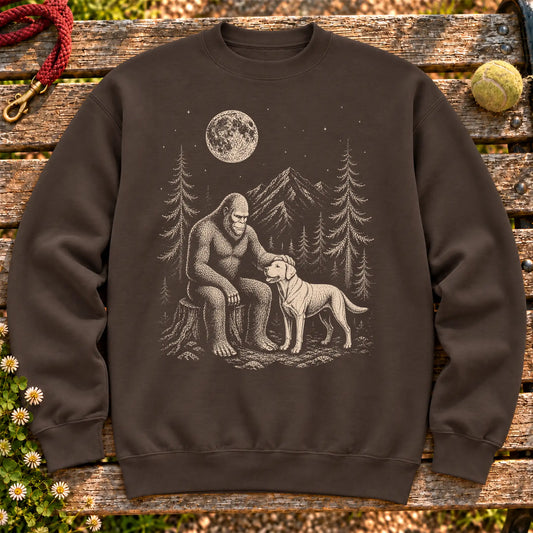 Labrador Retriever Bigfoot Petting on a Dark Chocolate crewneck sweatshirt, shown flat