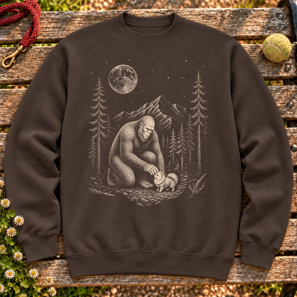 Pomeranian Bigfoot Petting on a Dark Chocolate crewneck sweatshirt, shown flat