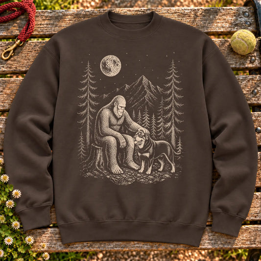 Rottweiler Bigfoot Petting on a Dark Chocolate crewneck sweatshirt, shown flat
