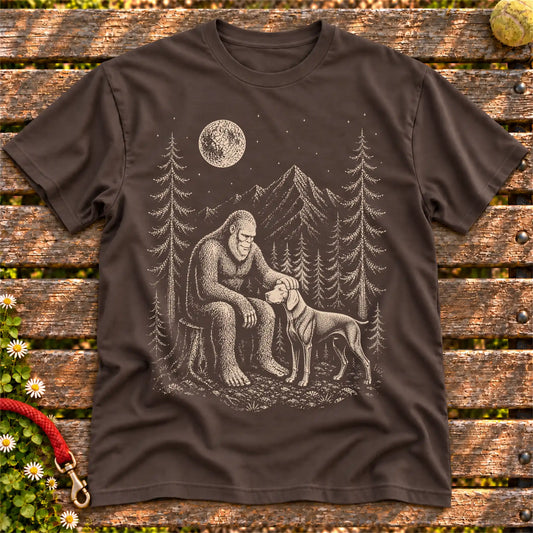 Weimaraner Bigfoot Petting on a Dark Chocolate T-shirt, shown flat