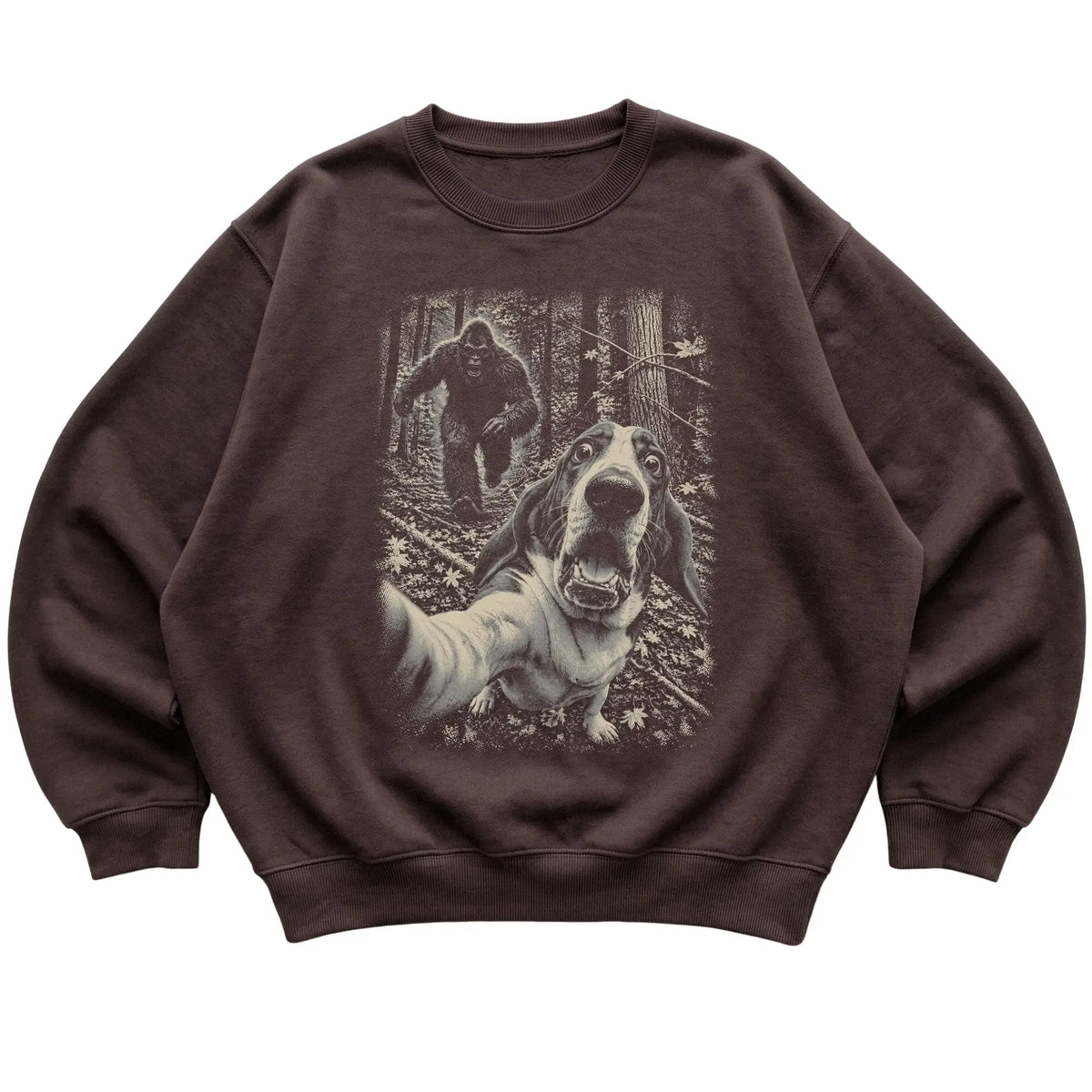 Dark Chocolate Basset Hound Bigfoot selfie sweatshirt, full garment view