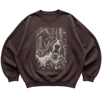 Dark Chocolate Basset Hound Bigfoot selfie sweatshirt, full garment view