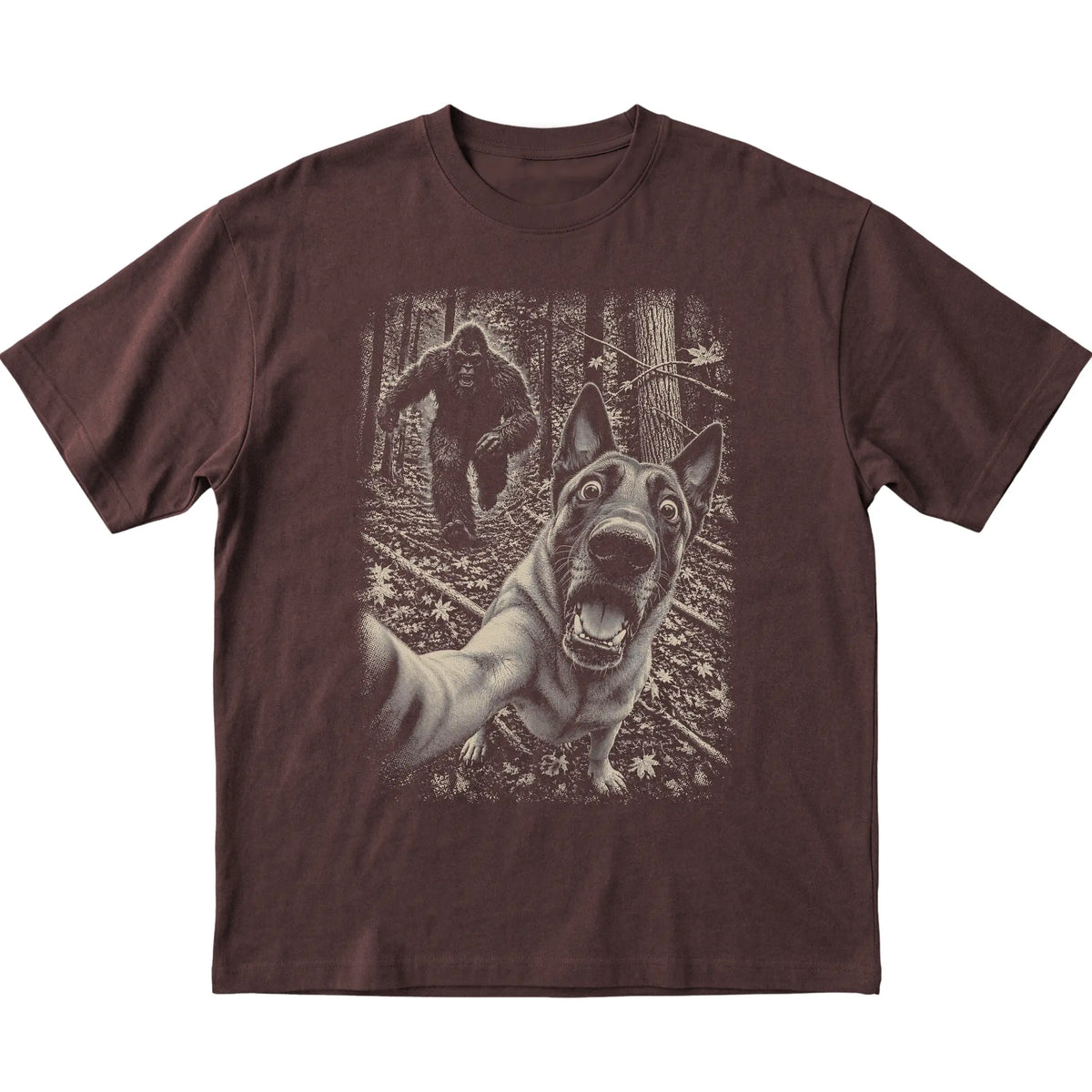 Dark Chocolate Belgian Malinois Bigfoot selfie T-shirt, full garment view