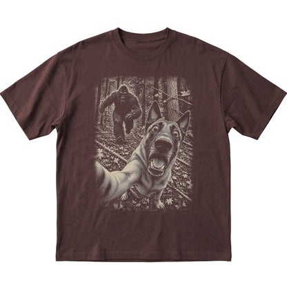 Dark Chocolate Belgian Malinois Bigfoot selfie T-shirt, full garment view