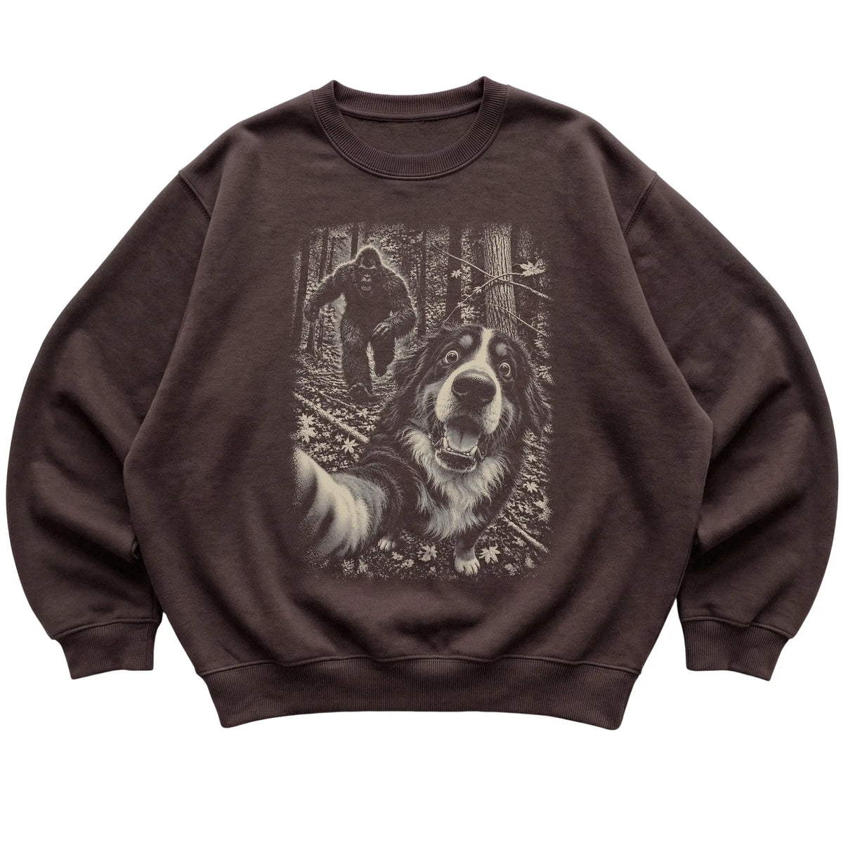 Dark Chocolate Bernese Mountain Dog Bigfoot selfie sweatshirt, full garment view