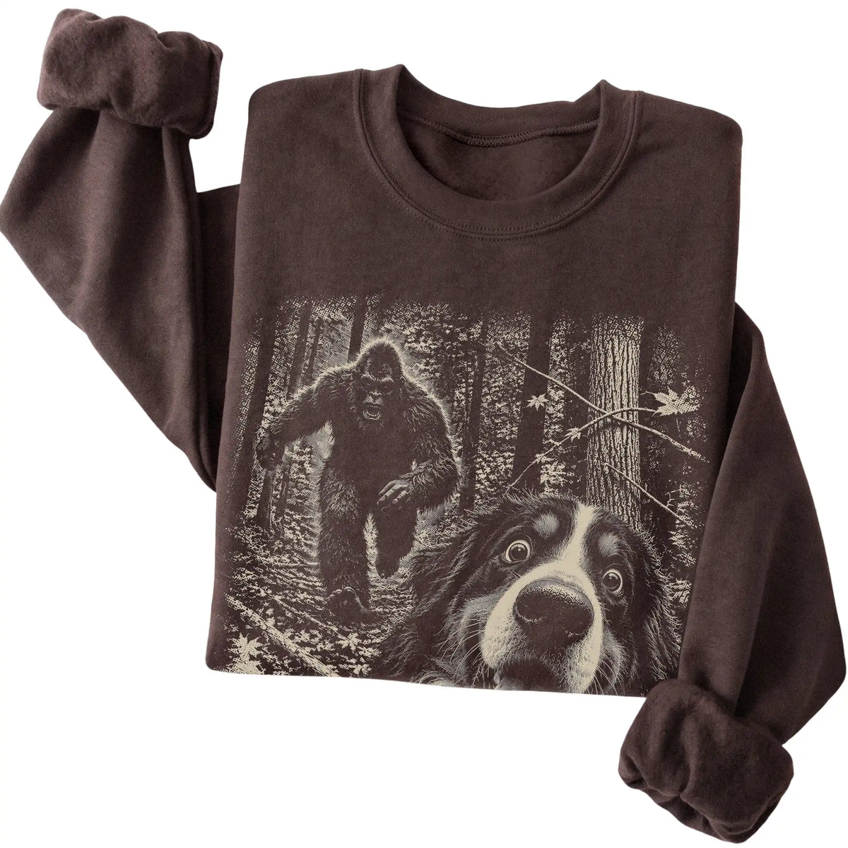 Dark Chocolate Bernese Mountain Dog Bigfoot selfie sweatshirt, close-up view