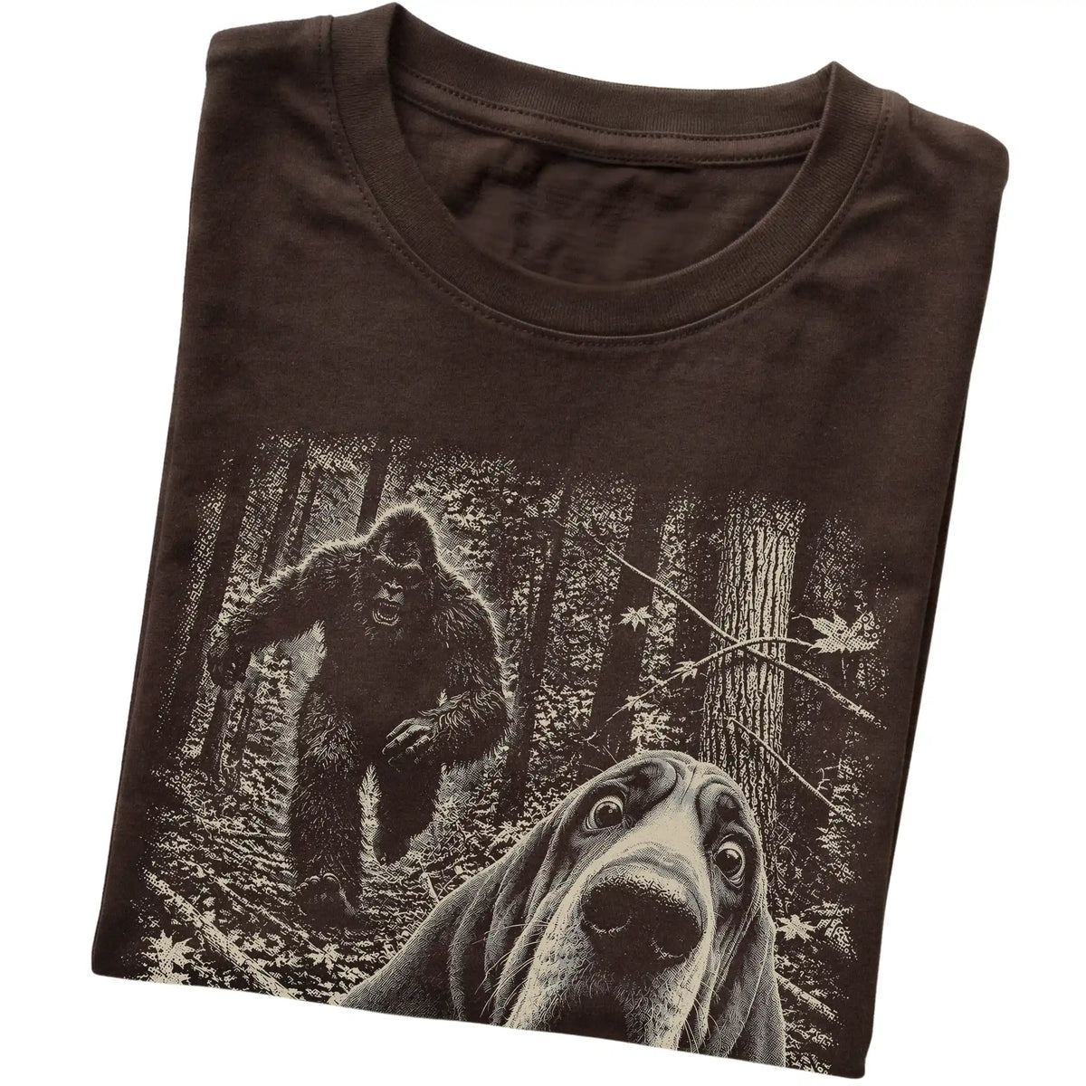 Dark Chocolate Bloodhound Bigfoot selfie T-shirt, close-up view