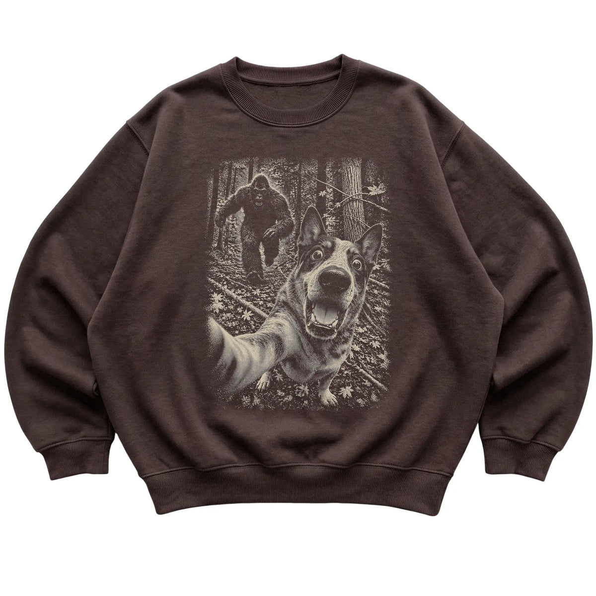 Dark Chocolate Blue Heeler Bigfoot selfie sweatshirt, full garment view