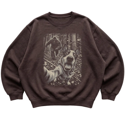 Dark Chocolate Blue Heeler Bigfoot selfie sweatshirt, full garment view