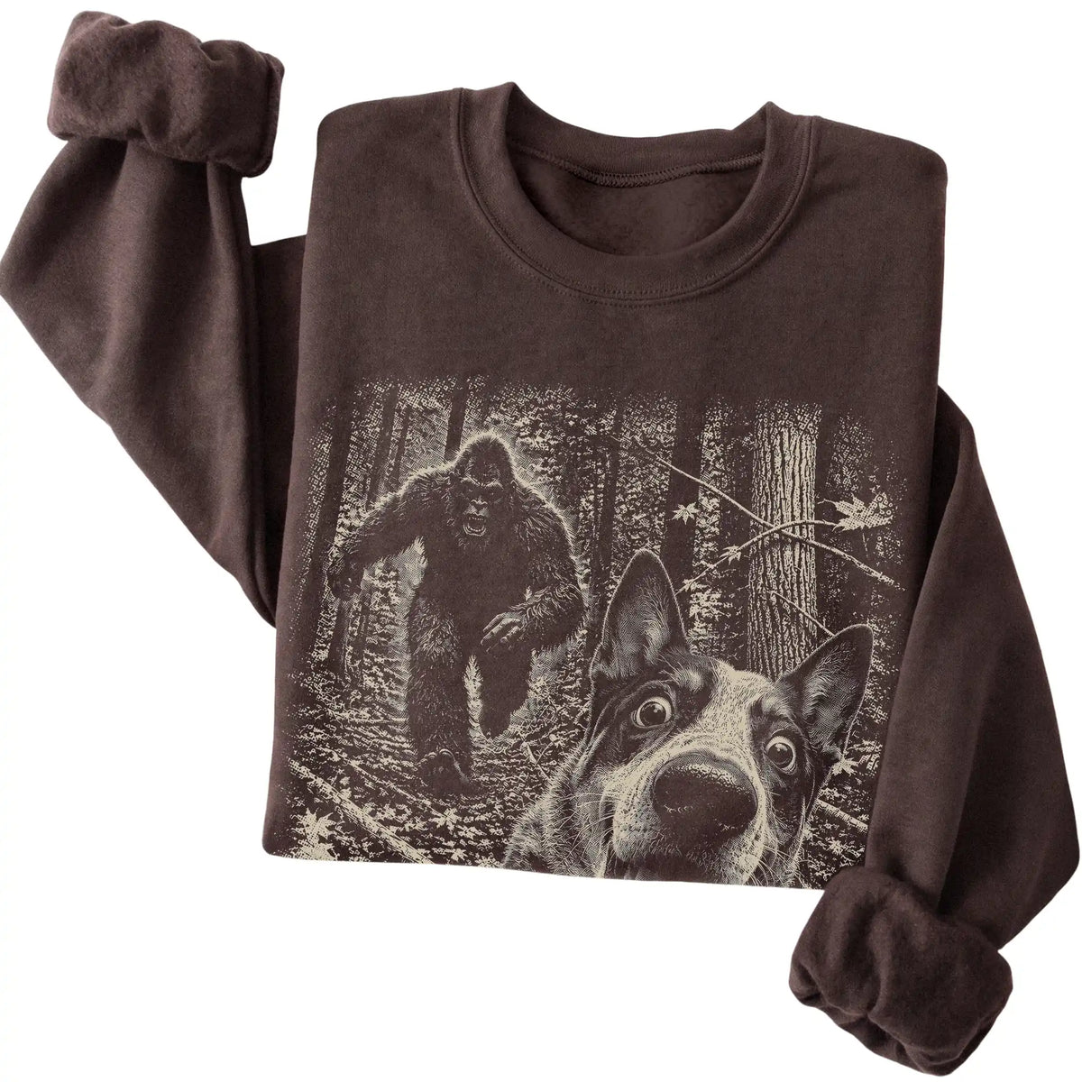 Dark Chocolate Blue Heeler Bigfoot selfie sweatshirt, close-up view