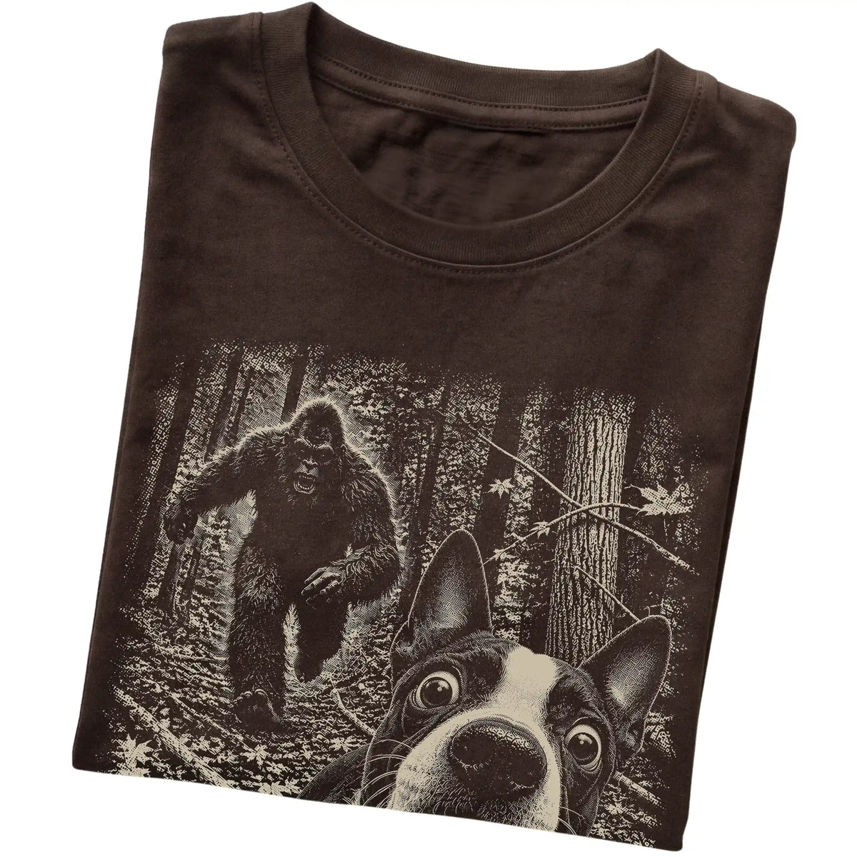 Dark Chocolate Boston Terrier Bigfoot selfie T-shirt, close-up view