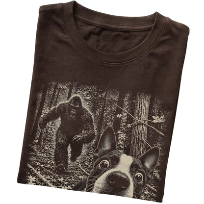 Dark Chocolate Boston Terrier Bigfoot selfie T-shirt, close-up view