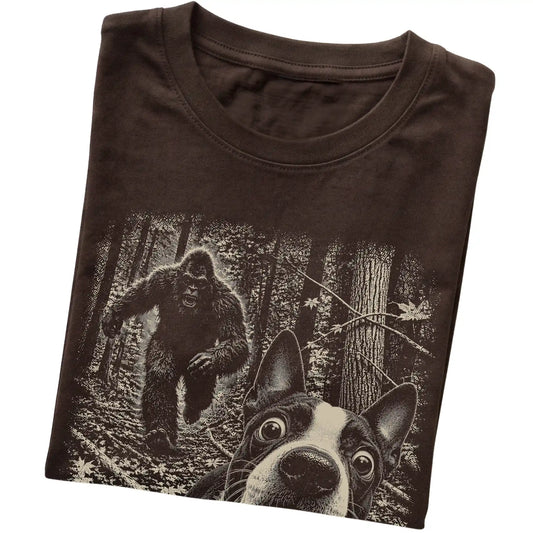 Dark Chocolate Boston Terrier Bigfoot selfie T-shirt, close-up view