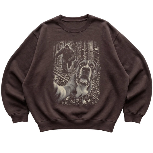 Dark Chocolate Boxer Bigfoot selfie sweatshirt, full garment view