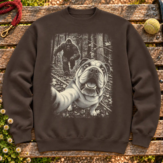 English Bulldog Bigfoot Selfie design on a Dark Chocolate crewneck sweatshirt shown flat